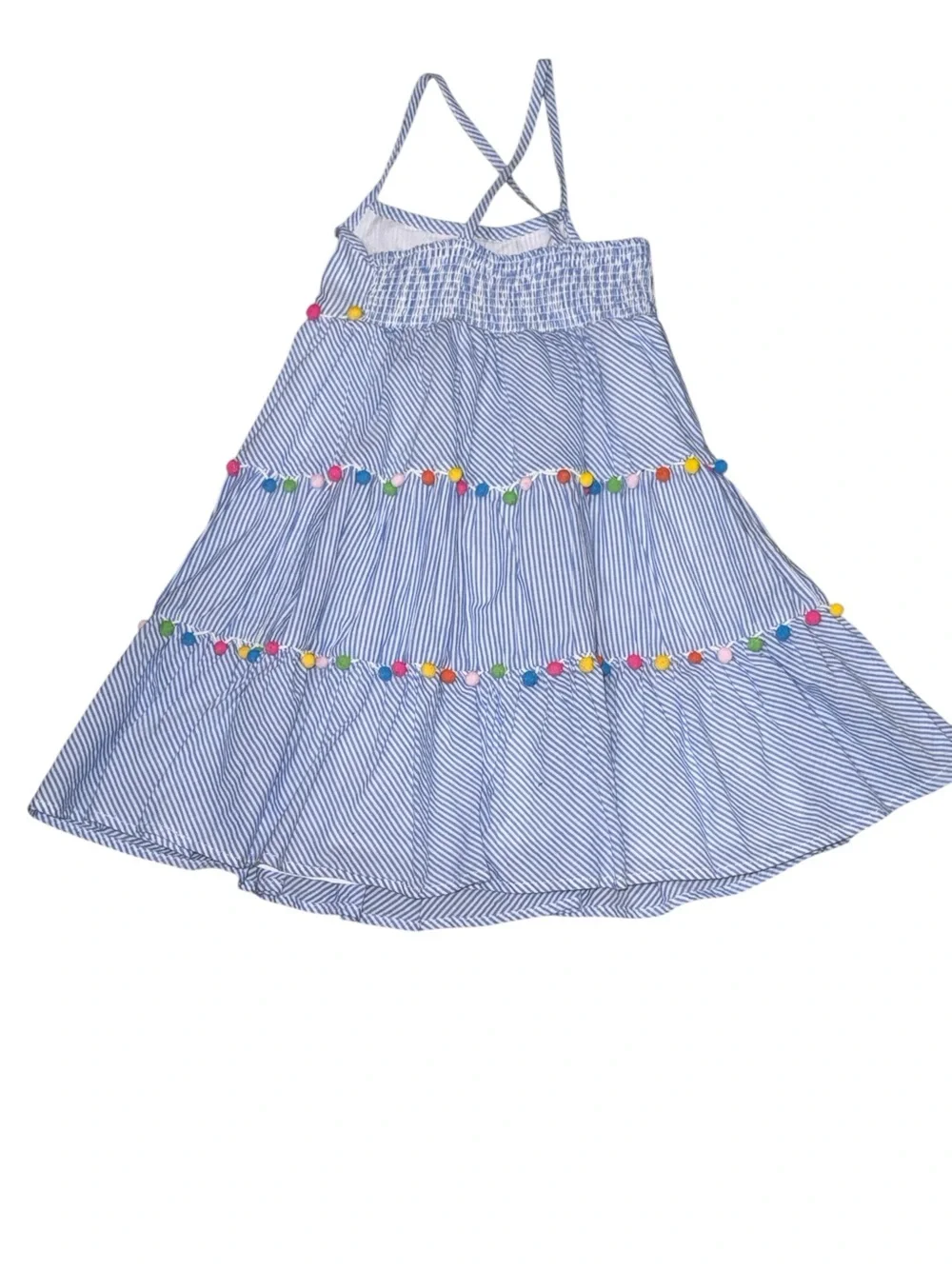 Tommy Bahama Blue and White Striped Pom-Pom Tiered Dress